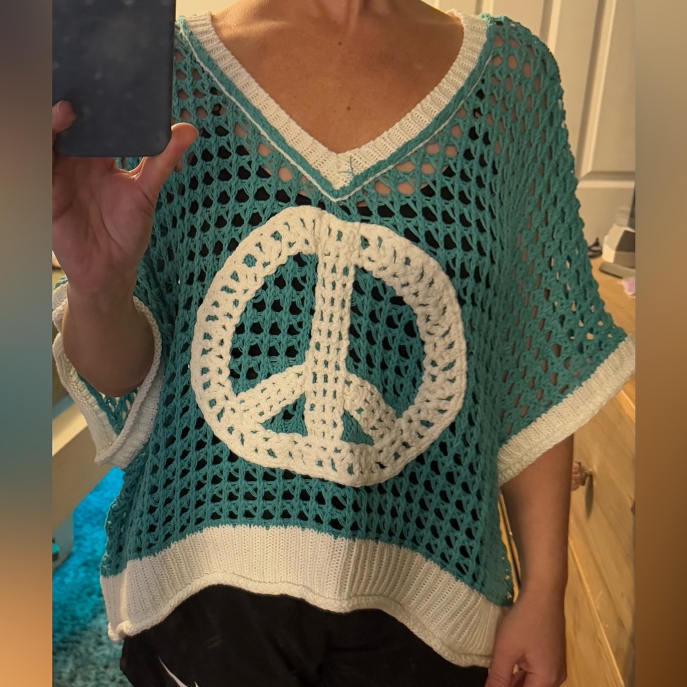 POL Teal and White Crochet Sweater